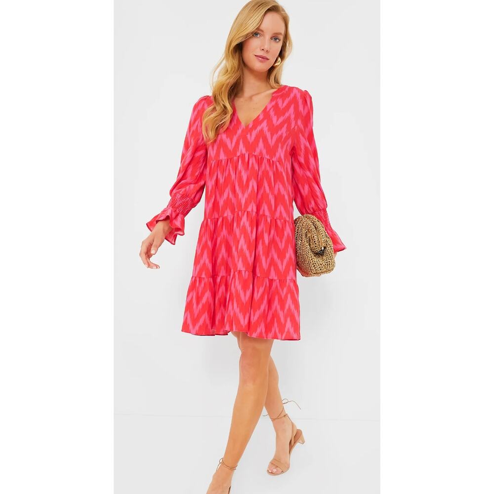 Pomander Place Long Sleeve Knee Length Dress. Small  Ikat Chevron Pink Print